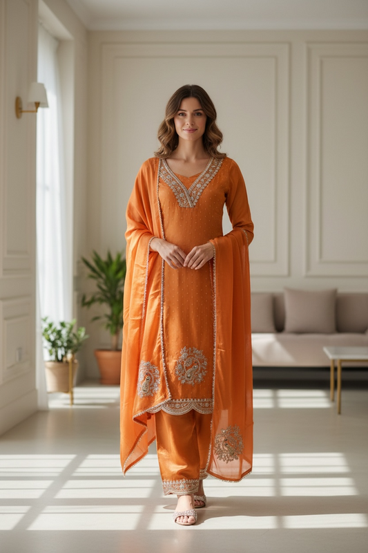 Banarasi Shimmer Rust Unstitched Suit
