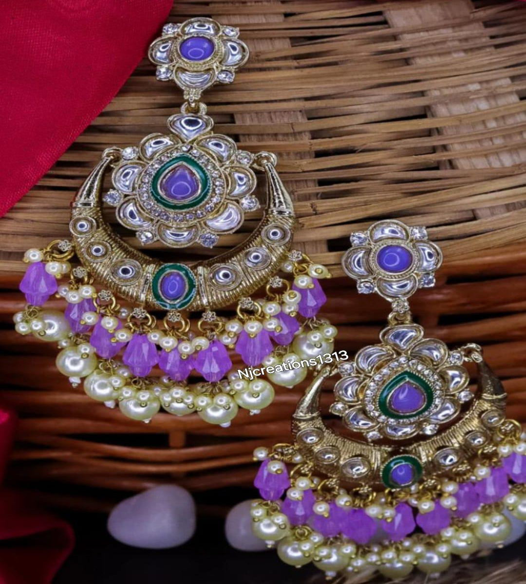 Kundan Chand Bali with Pearls and Moti In Purple