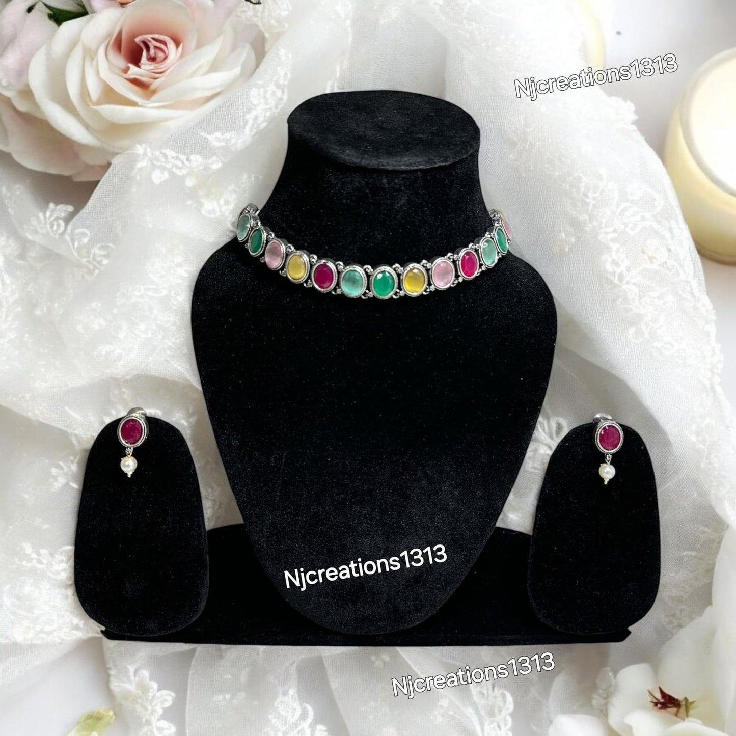 German Silver Multicolor Neckline with Small Earrings