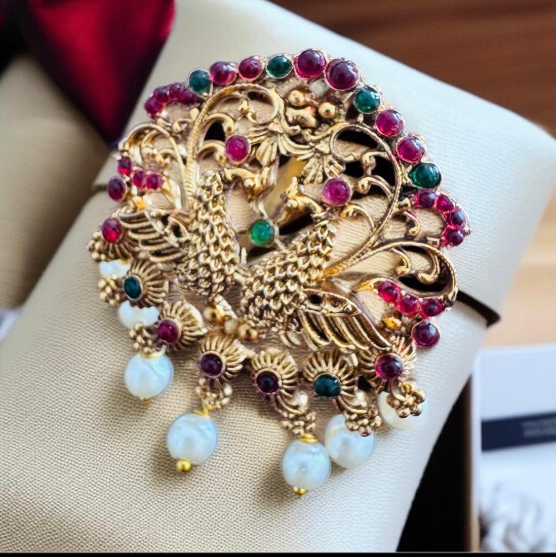 Gold Look Brooch with Red & Green Stones, Accented with Pearls