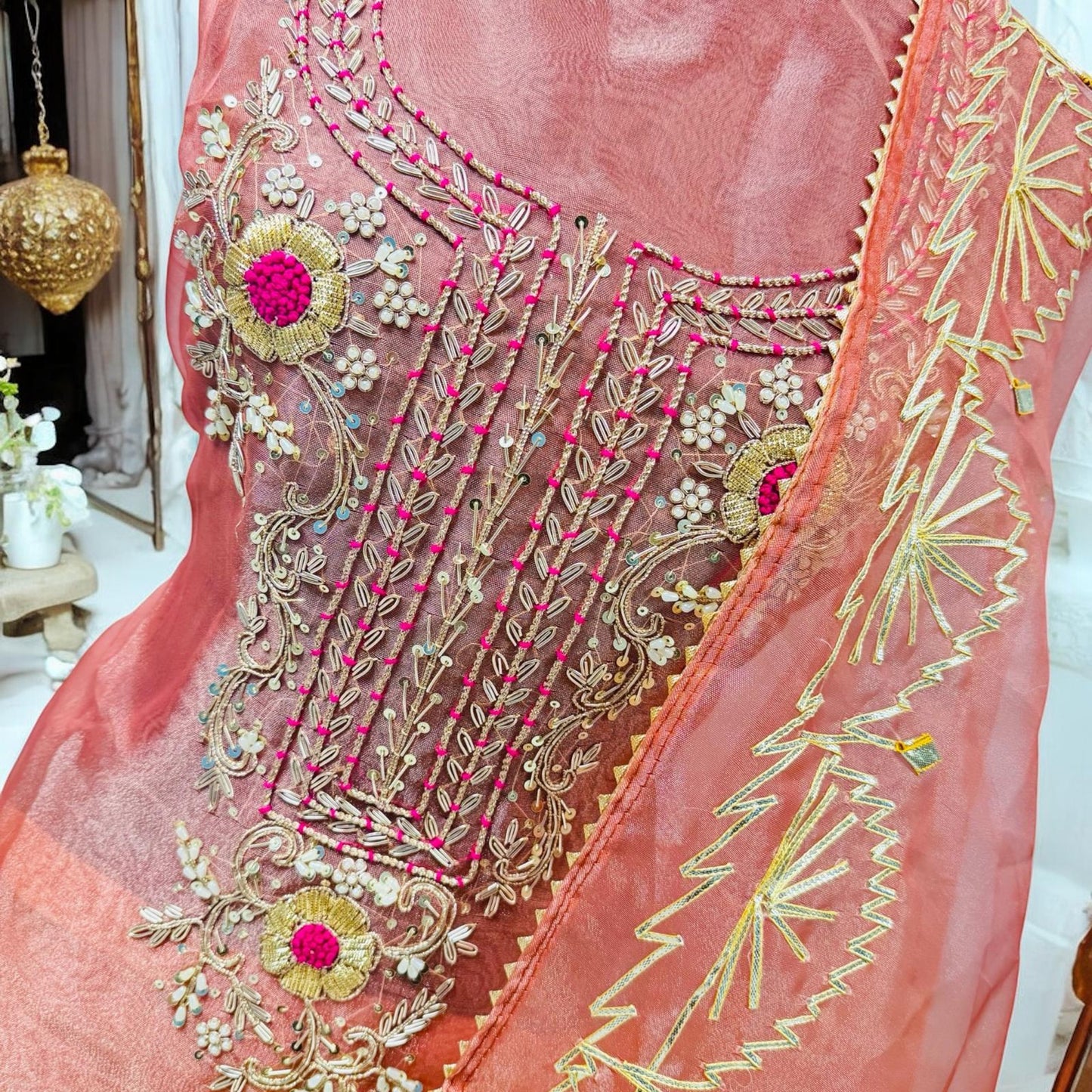 Peach Heavy rich organza fabric kurta with zardozi handwork