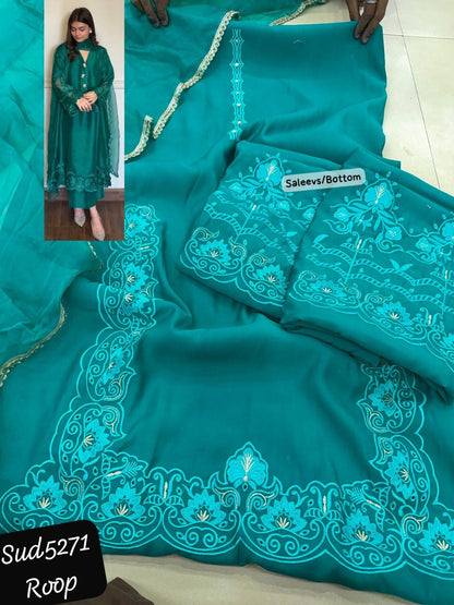 Turquoise Patch Work Suit with Cutwork Dupatta