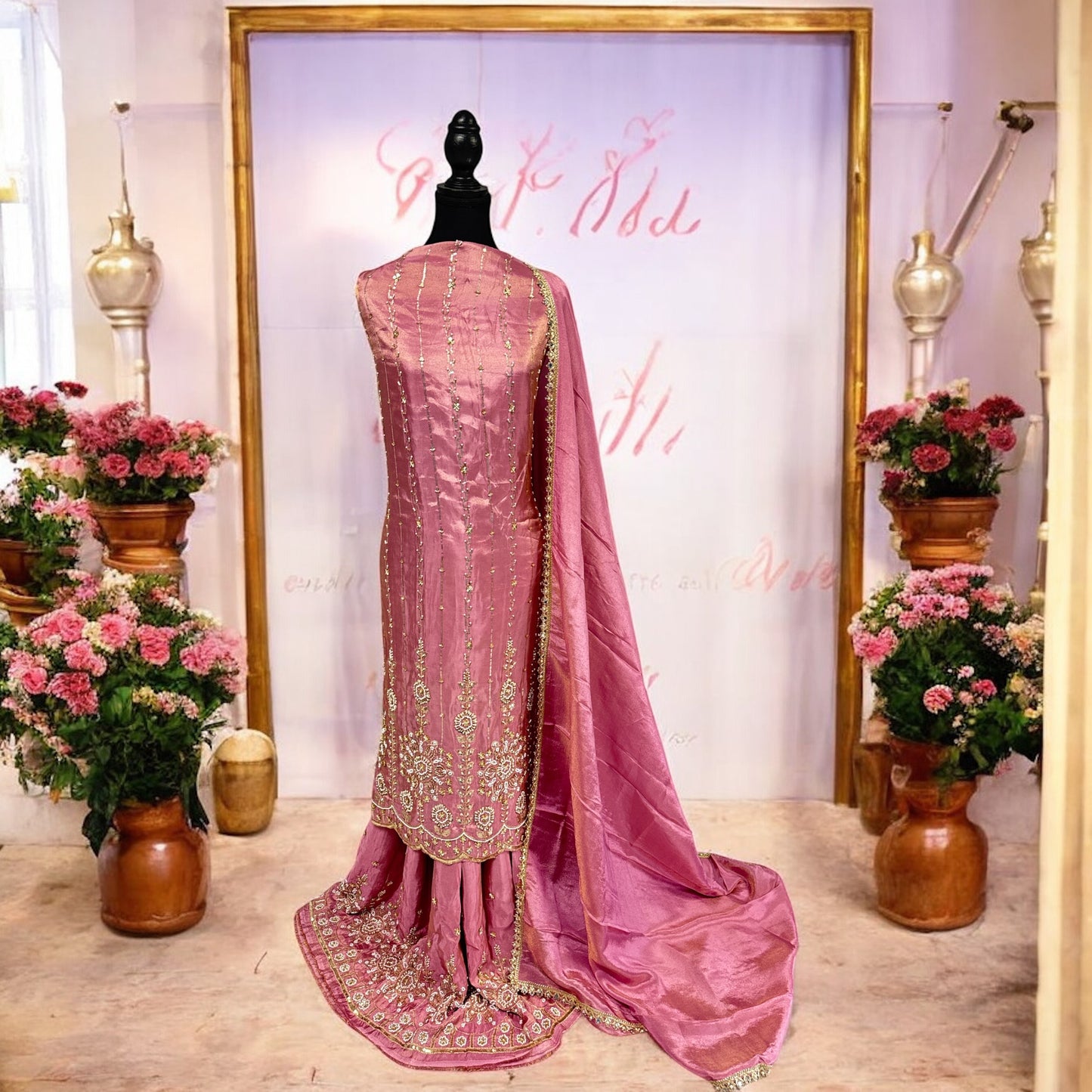 Elegant shimmer 🌸pink unstitched suit with delicate bead and sequin detailing