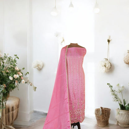 Elegant shimmer 🌸pink unstitched suit with delicate bead and sequin detailing