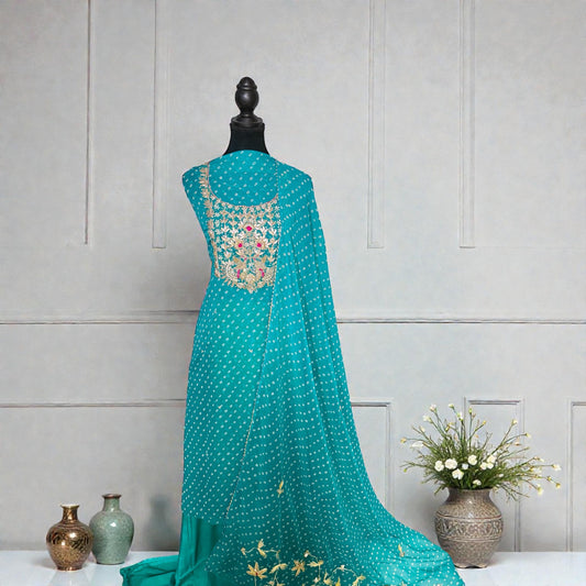 Bandhni print Georgette Turquoise Unstitched Suit