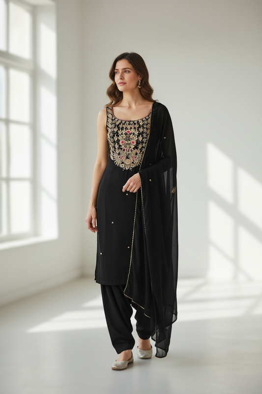 Georgette Black Unstitched Suit