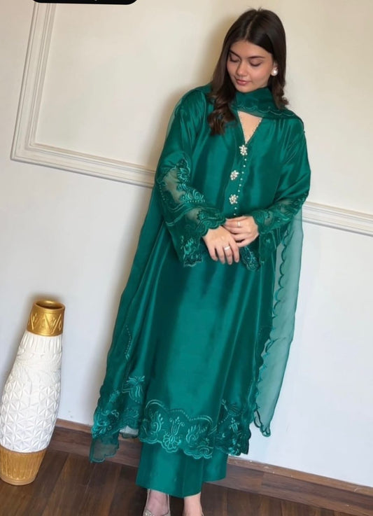 Turquoise Patch Work Suit with Cutwork Dupatta