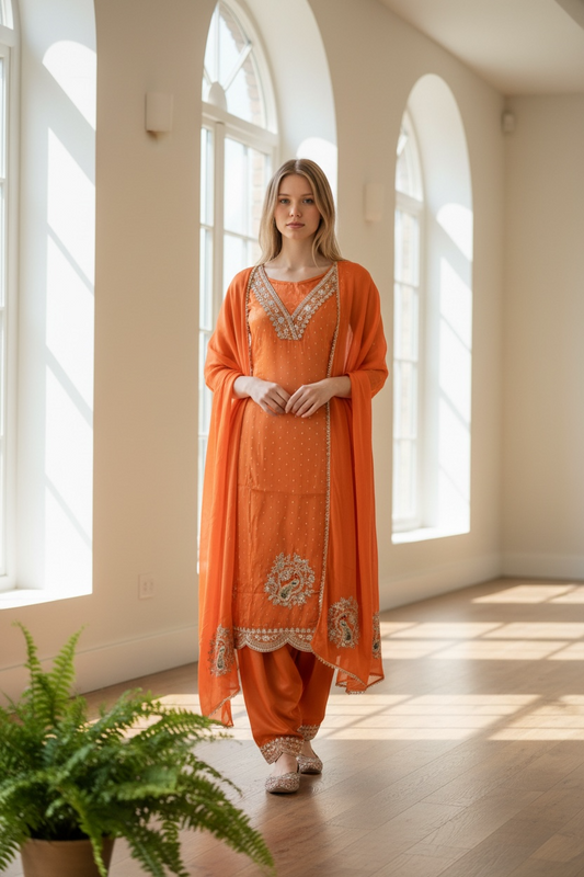 Banarasi Shimmer Rust Unstitched Suit
