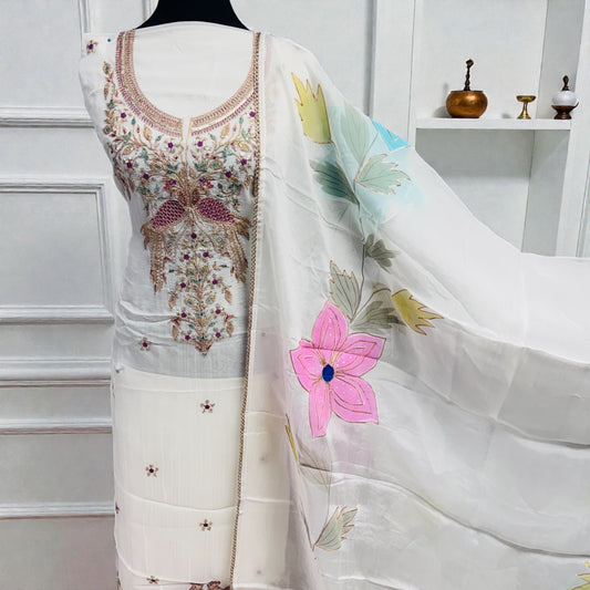 White Organza Unstitched Suit with hand Painted Dupatta