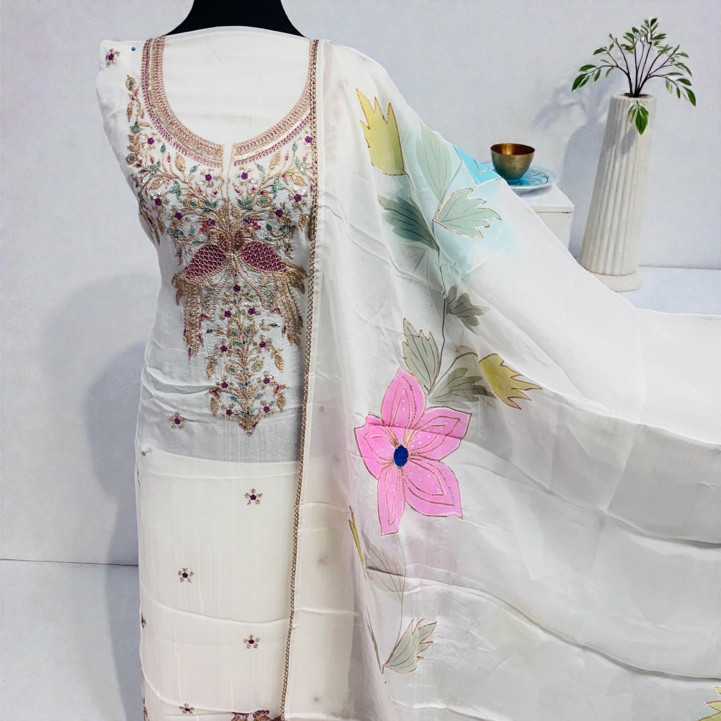 White Organza Unstitched Suit with hand Painted Dupatta
