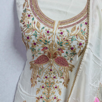 White Organza Unstitched Suit with hand Painted Dupatta