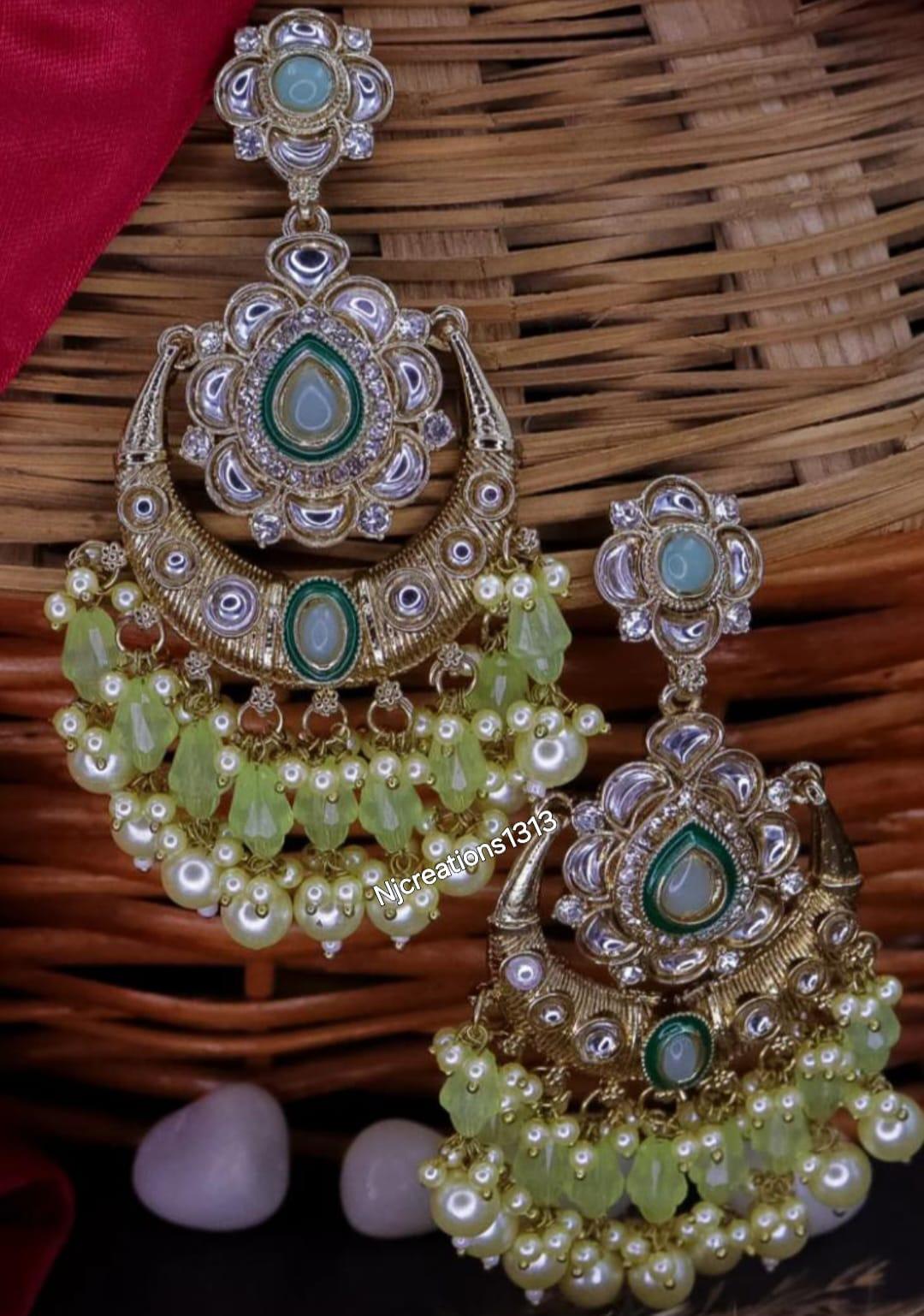 Kundan Chand Bali with Pearl and Moti work in Mint