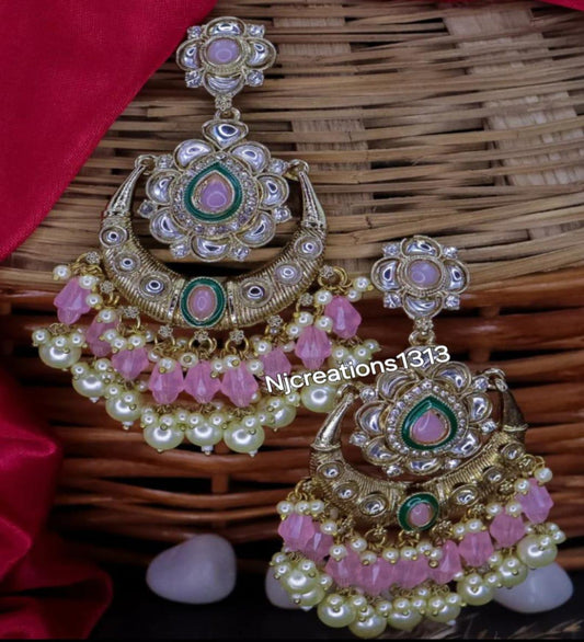 Kundan Chand Bali with Pearl and Moti work in baby Pink