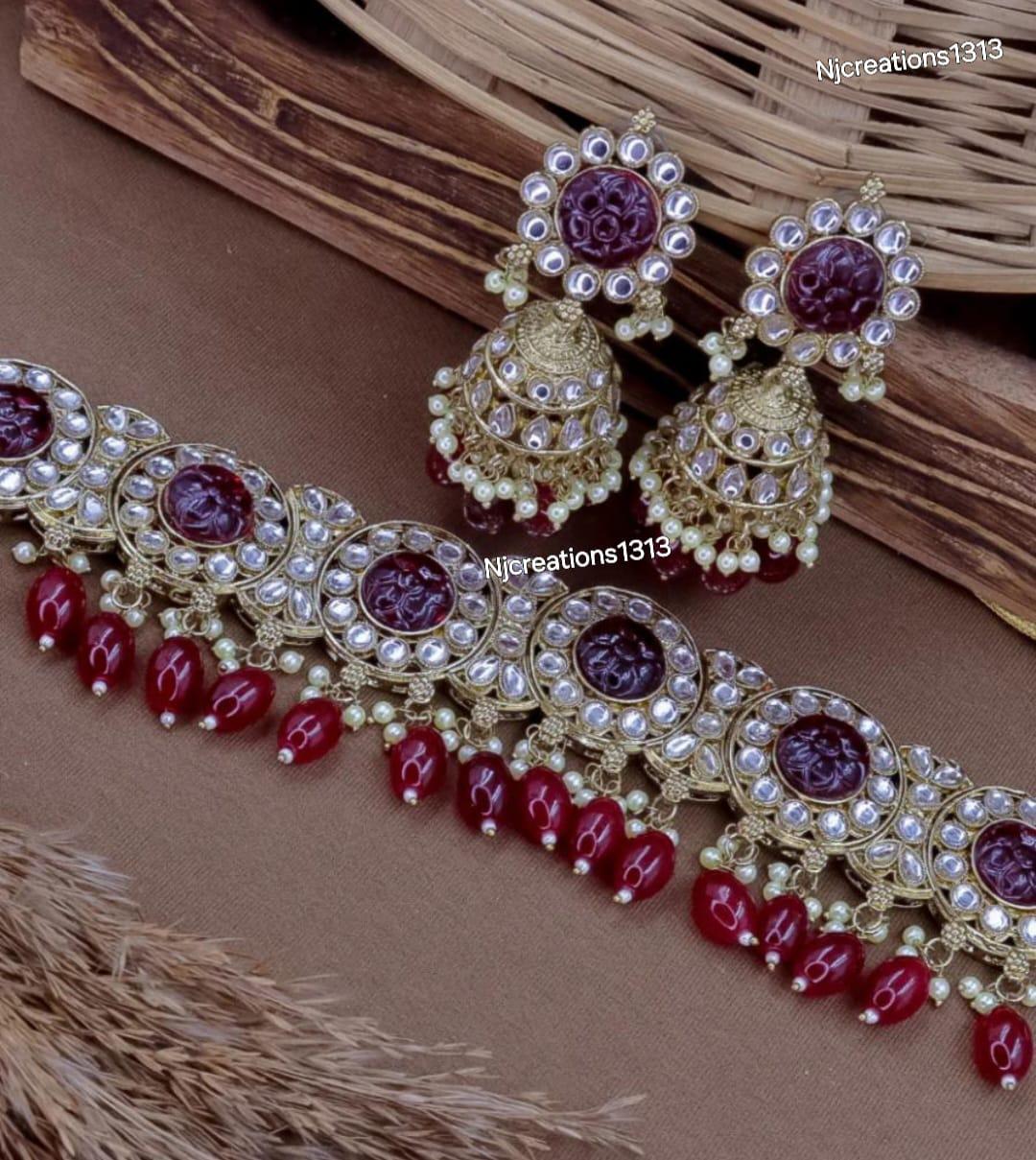 Beautiful Kundan Choker set With Jhumki Earrings in Maroon