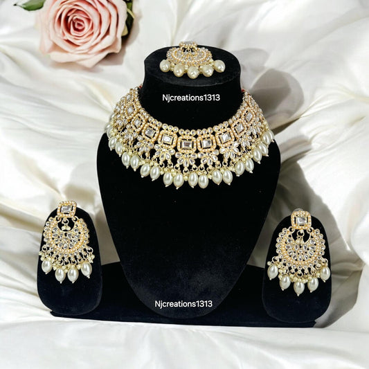 Kundan Necklace Set with Earrings & Tikka Detailed With Pearls