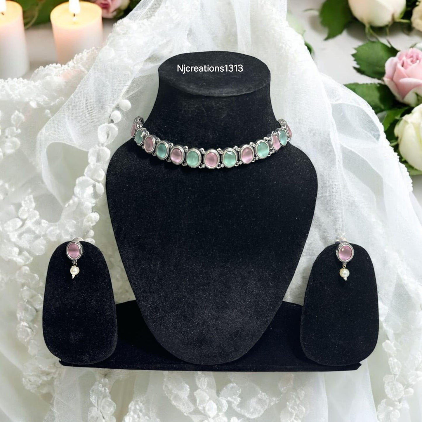 German Silver Neckline with Small Earrings in Baby Pink & Mint