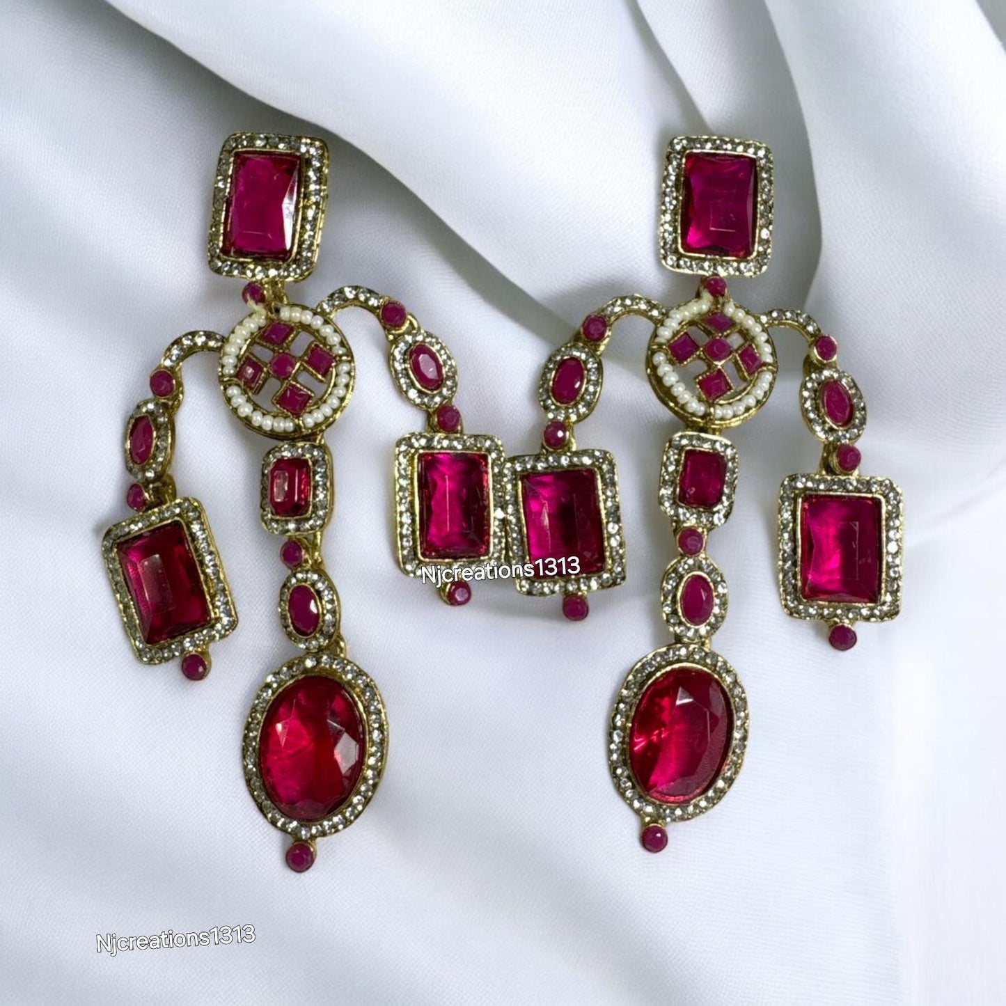 Gold Plated Statement Earrings in Dark Pink