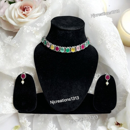 German Silver Multicolor Neckline with Small Earrings
