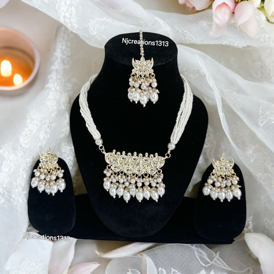 White Moti Necklace Set with Tikka and Small Earrings