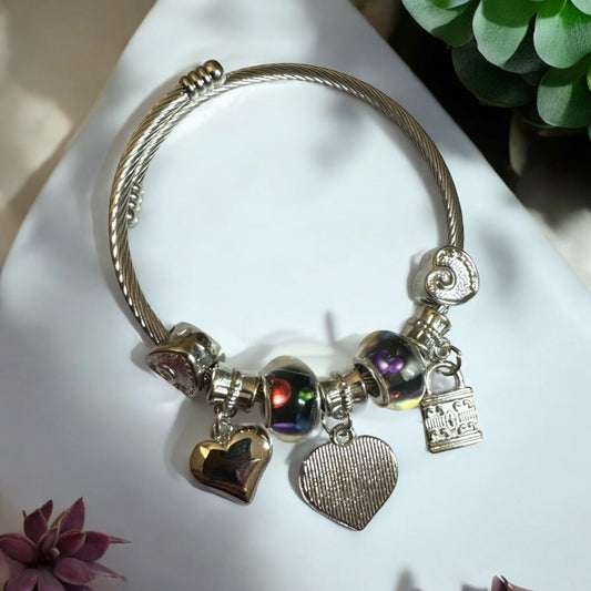 Silver Look Adjustable Bangle with Charms