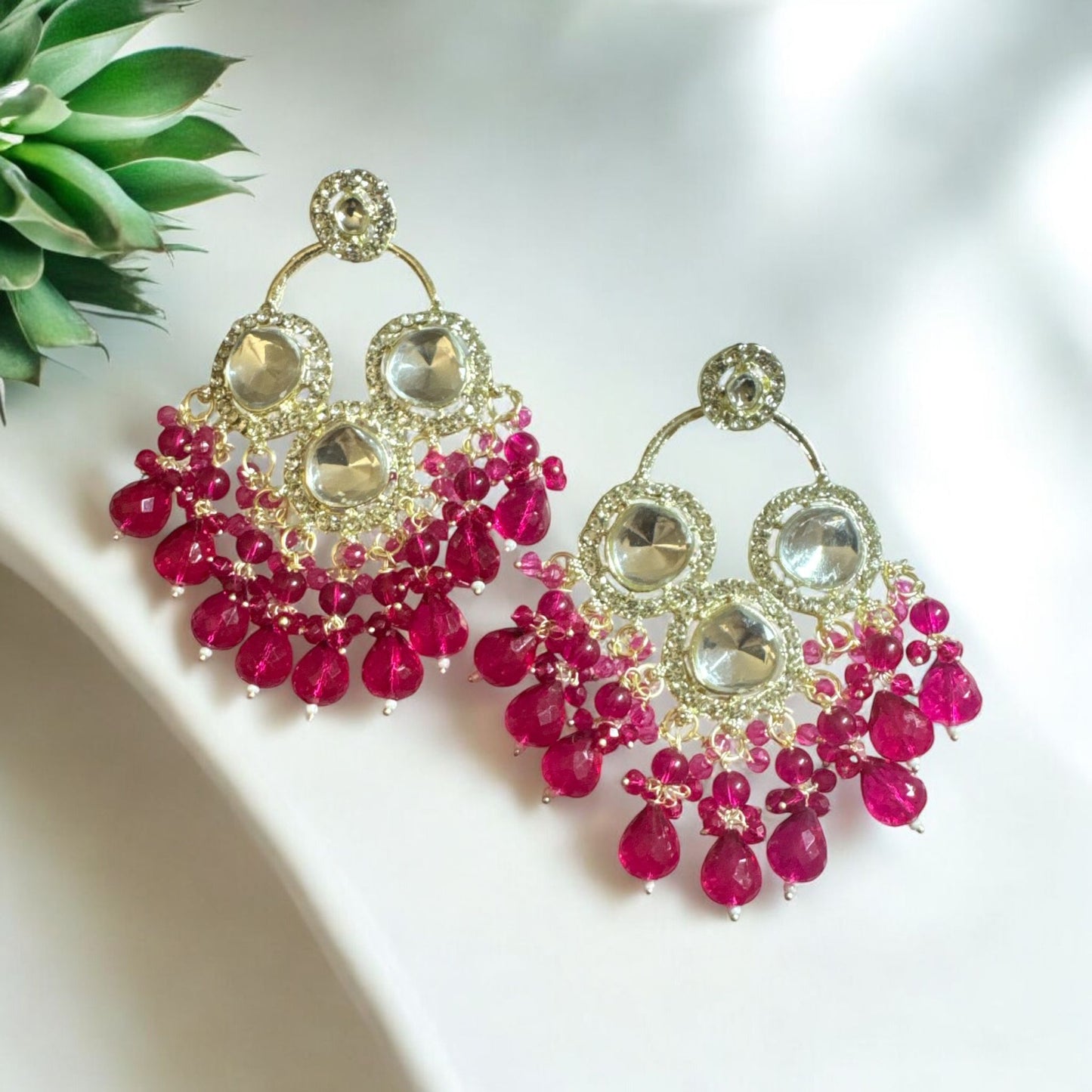 Kundan Chand Bali Earrings Detailed with Stones in Pink