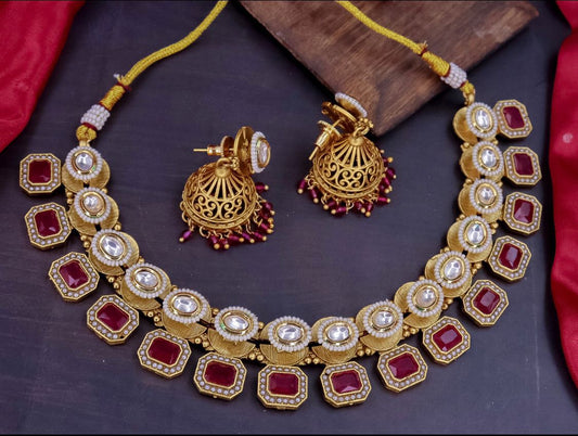 Kundan Necklace Ruby Detailing with Jhumki