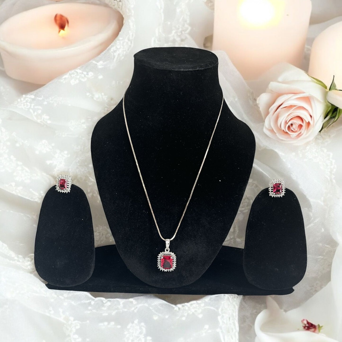 Square AD Pendant with Beautiful Studs in Red Color