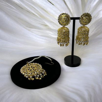 Gold Look Pippal Patti Long Jhumki with Tikka