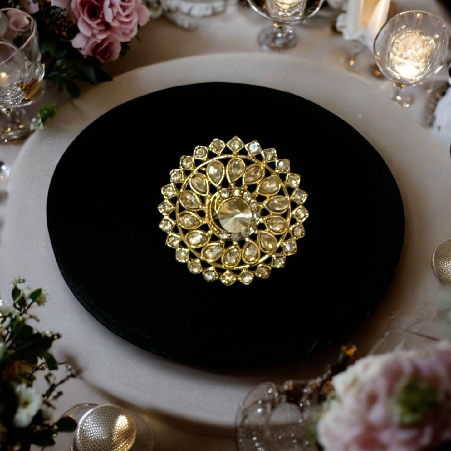 Gold Look Adjustable Ring Detailed with Stones