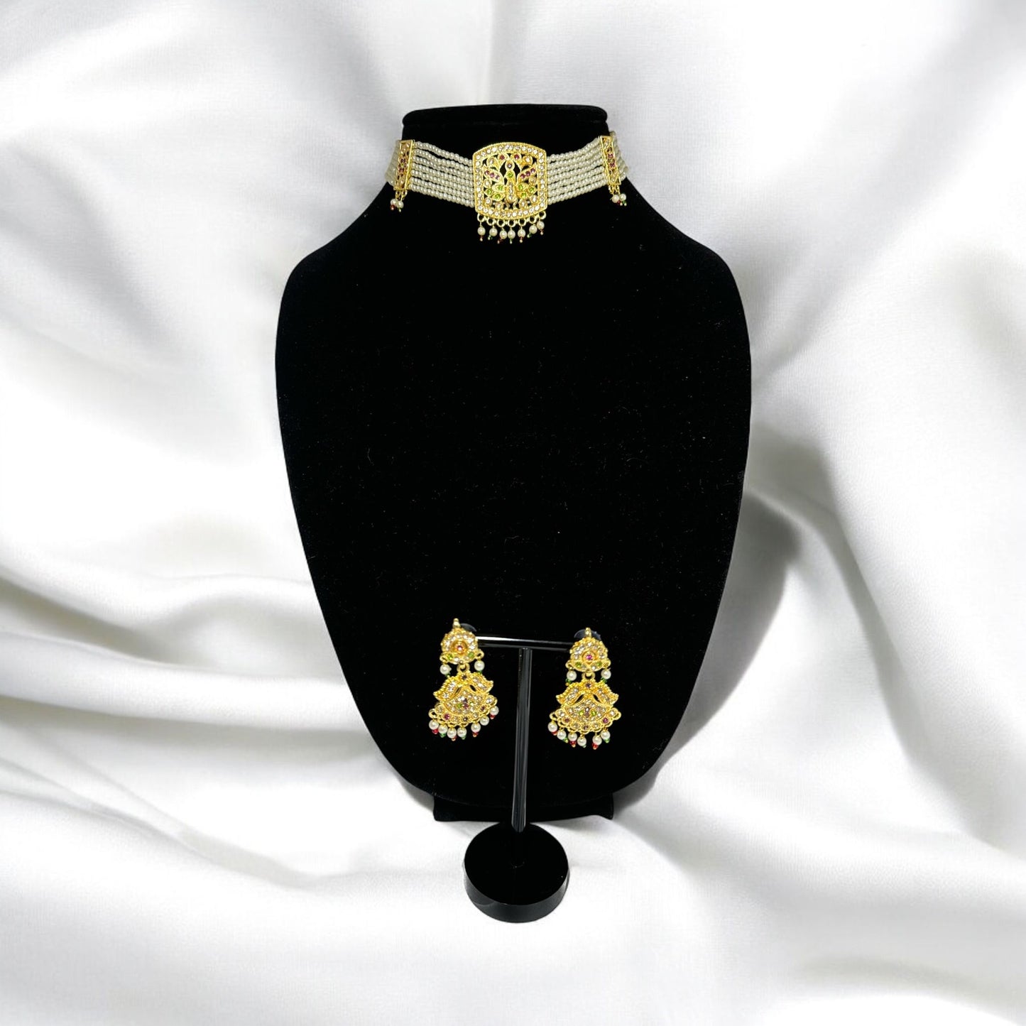 Gold Look Jadau Choker Set With Small Earrings