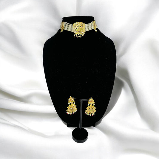 Gold Look Jadau Choker Set With Small Earrings
