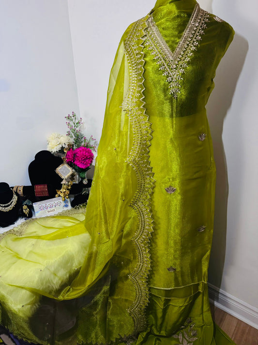 Glass Tissue Suit with Beautiful Tilla Work