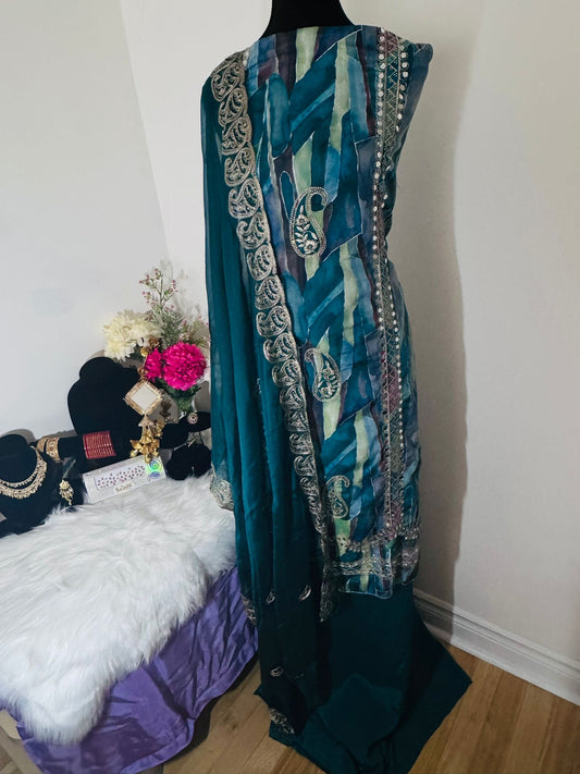 Crape Silk Suit Peacock Color