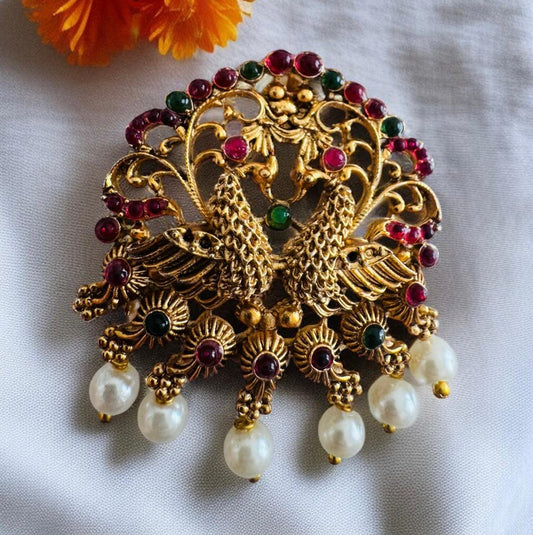 Gold Look Brooch with Red & Green Stones, Accented with Pearls