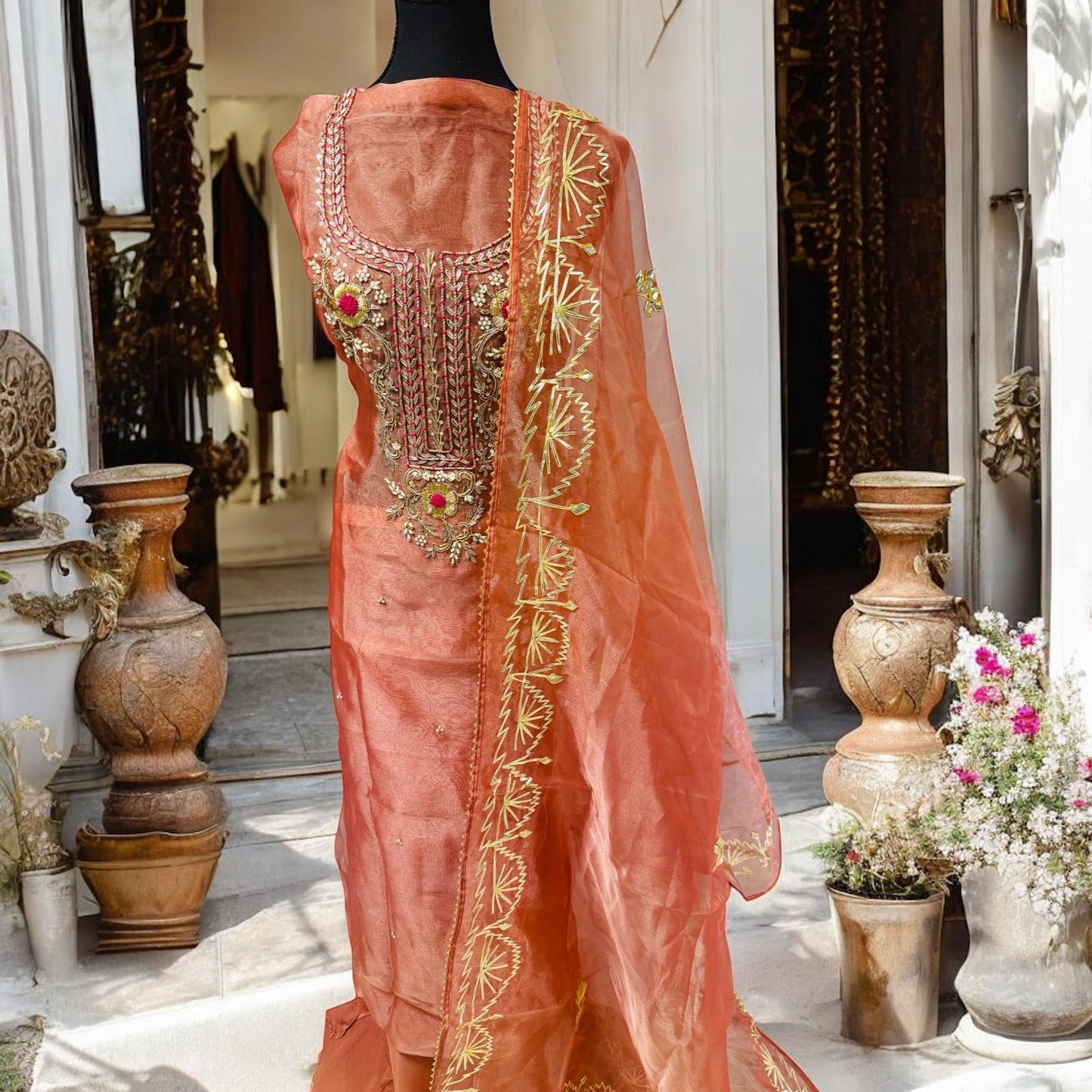 Peach Heavy rich organza fabric kurta with zardozi handwork