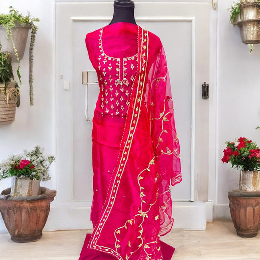 Rani pink organza Suit with fully finished gotta-Patti dupatta