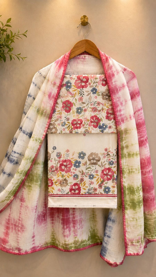 Red Butti Cotton Suit with Tie-Dye Dupatta