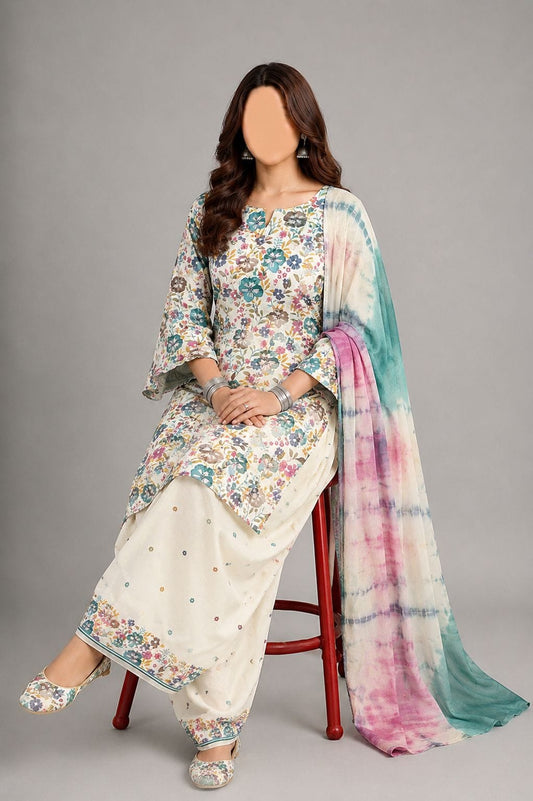 Cotton unstitched Suit with Tie-Dye Dupatta