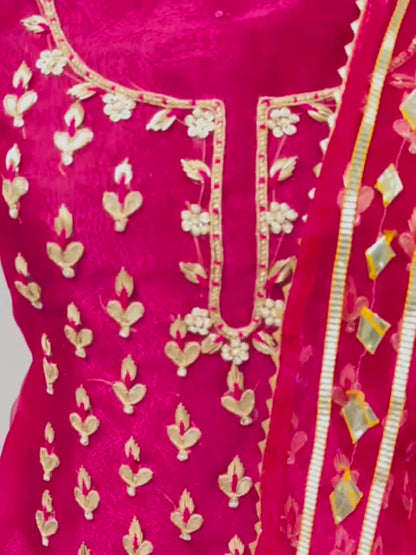 Rani pink organza Suit with fully finished gotta-Patti dupatta