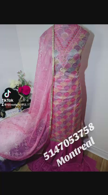 Half Organza Suit with Full Sequence Work